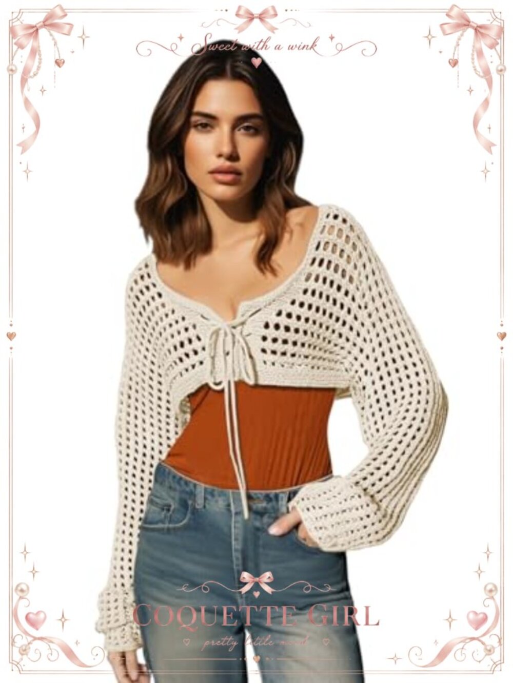Women's Long Sleeve Cropped Cardigan Tie Front Bolero Shrug Knit Sweater